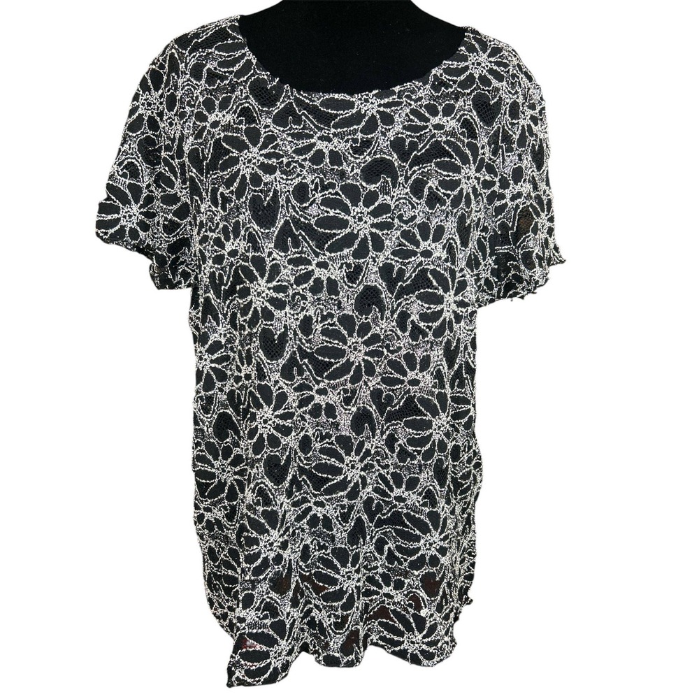 Kristin Blake Women Plus 1X Floral Lace Metallic Silver Black Top 6496818RO